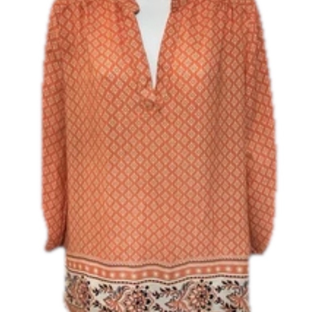 Wishful Park Large Long Roll Tab Sleeve Multicolor V Neck Polyester Blouse